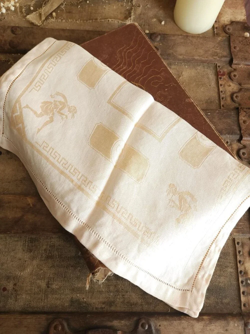 Vintage 1920s 1930s Luncheon Napkin, Damask in a Hellenic Greek Motif, 15